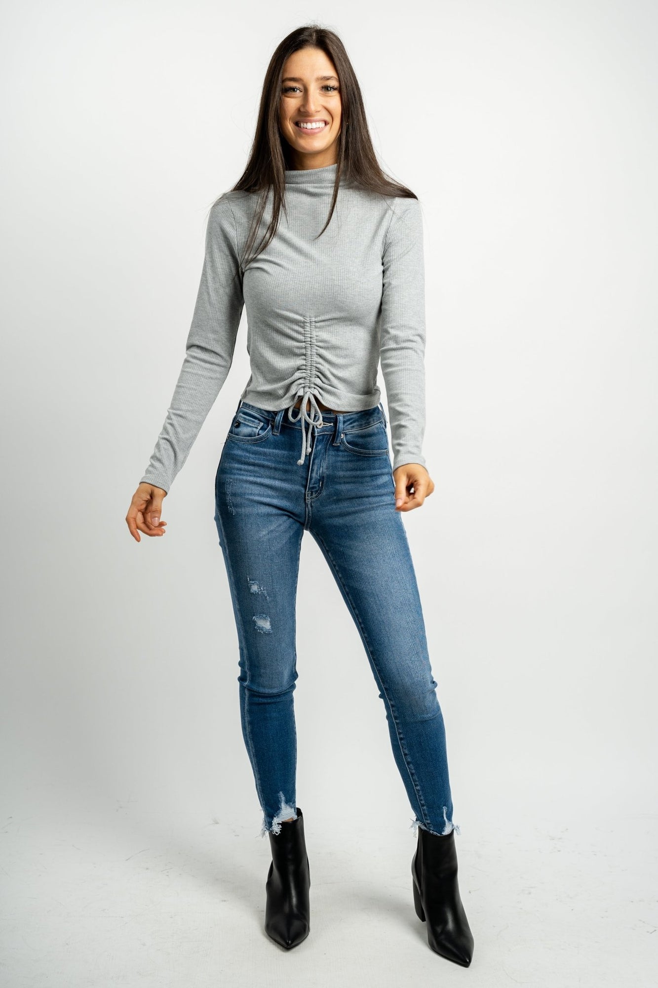 Ruched front long sleeve top heather grey