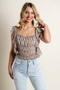Floral ruffle bodysuit natural/pink - Affordable bodysuits - Boutique Bodysuits at Lush Fashion Lounge Boutique in Oklahoma City