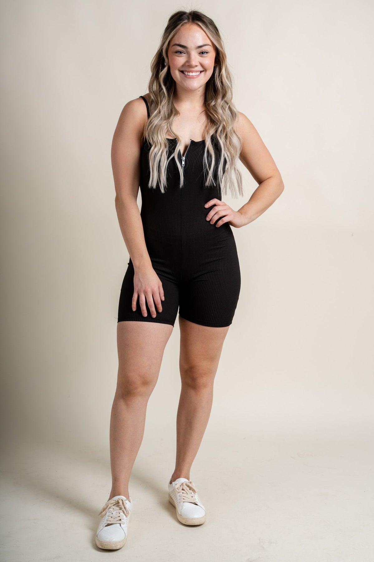 Ribbed biker romper with zipper black - Cute Romper - Trendy Rompers and Pantsuits at Lush Fashion Lounge Boutique in Oklahoma City