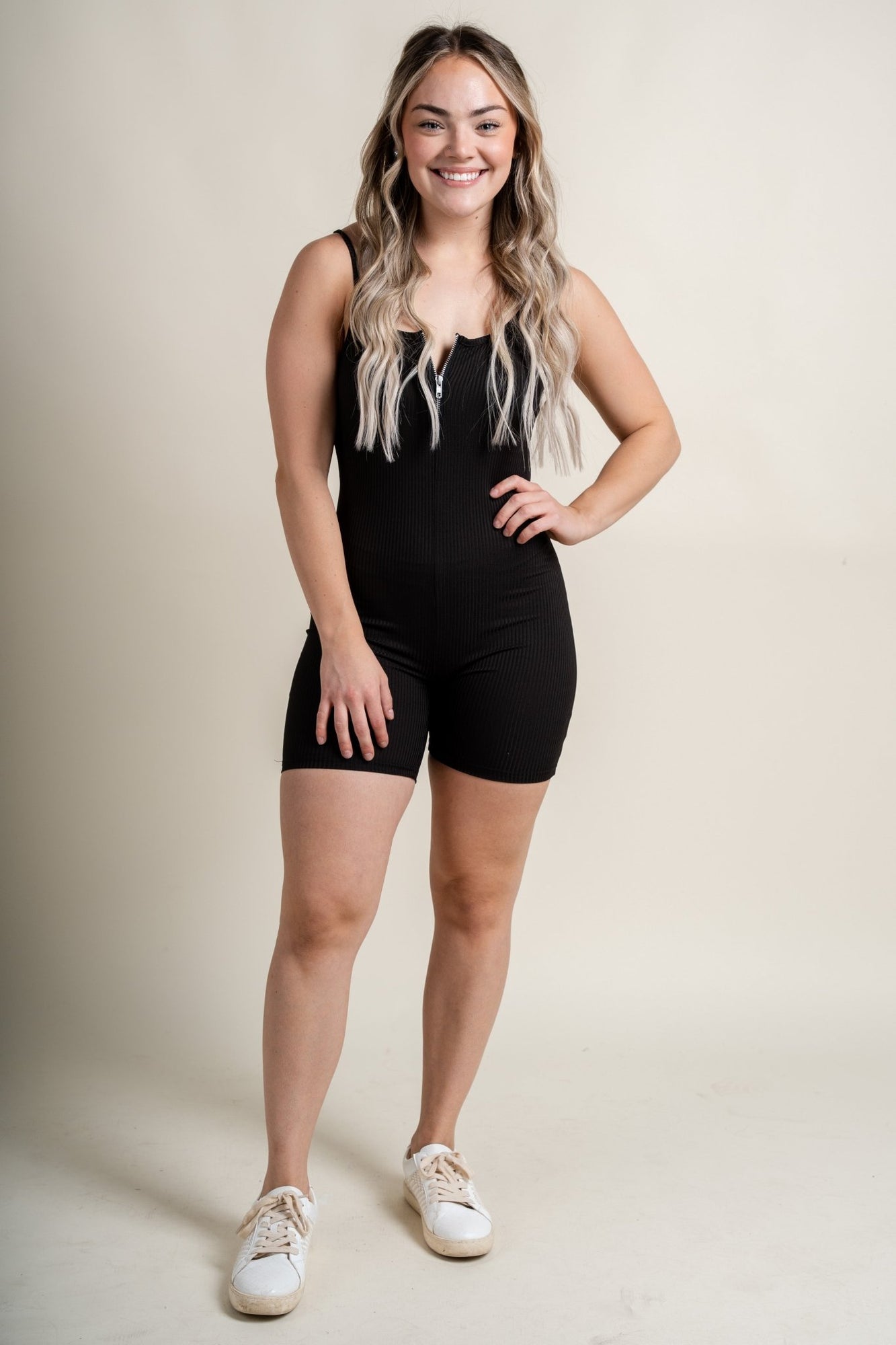 Ribbed biker romper with zipper black | Trendy Rompers - Lush Fashion ...
