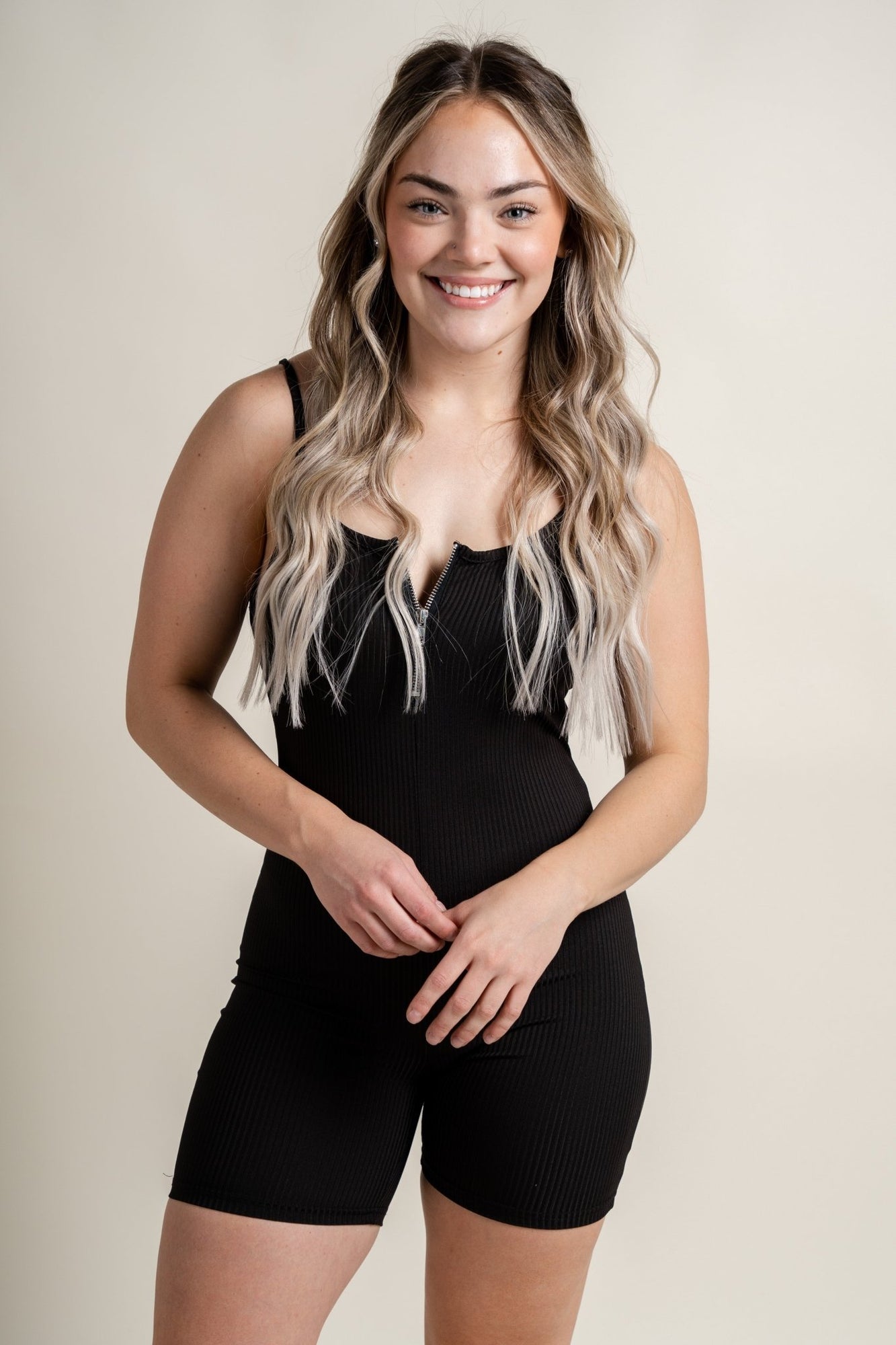 Ribbed biker romper with zipper black | Trendy Rompers - Lush Fashion ...