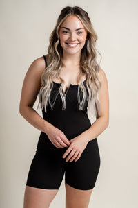 Ribbed biker romper with zipper black - Affordable Romper - Boutique Rompers & Pantsuits at Lush Fashion Lounge Boutique in Oklahoma City