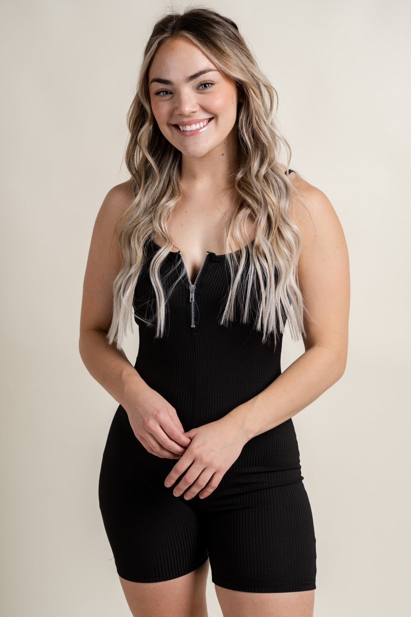 Ribbed biker romper with zipper black | Trendy Rompers - Lush Fashion ...