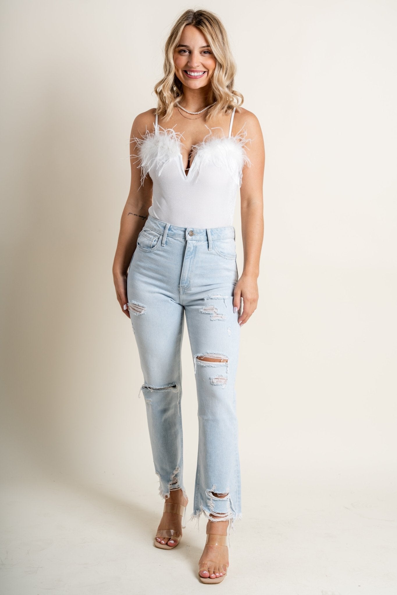 Feather trim bodysuit white Trendy Bodysuits Lush Fashion Lounge