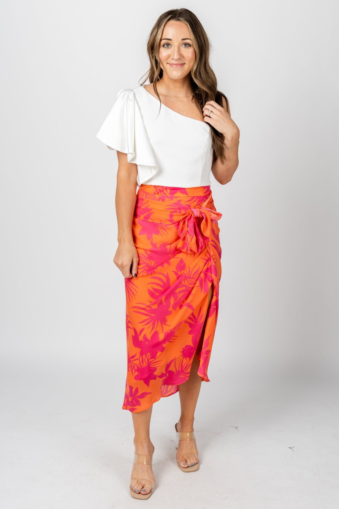 Tropical front tie midi skirt papaya | Lush Fashion Lounge: boutique fashion skirts, affordable boutique skirts, cute affordable skirts