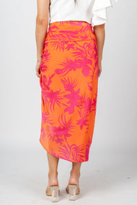 Tropical front tie midi skirt papaya | Lush Fashion Lounge: boutique fashion skirts, affordable boutique skirts, cute affordable skirts