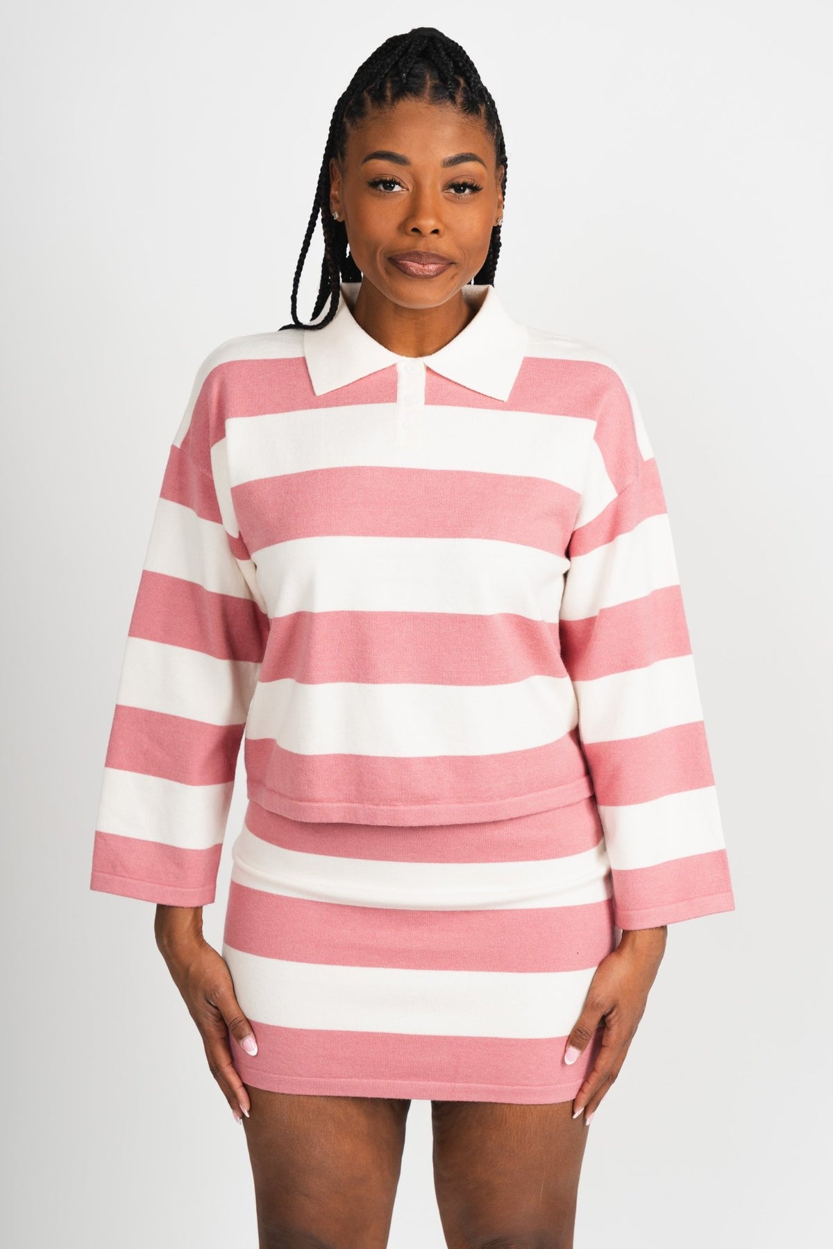 Collared striped sweater pink/white – Boutique Sweaters | Fashionable Sweaters at Lush Fashion Lounge Boutique in Oklahoma City