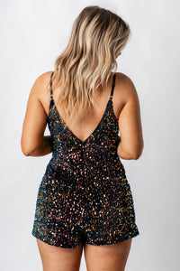 Velvet sequin romper black multi - Trendy New Year's Eve Dresses, Skirts, Kimonos and Sequins at Lush Fashion Lounge Boutique in Oklahoma City