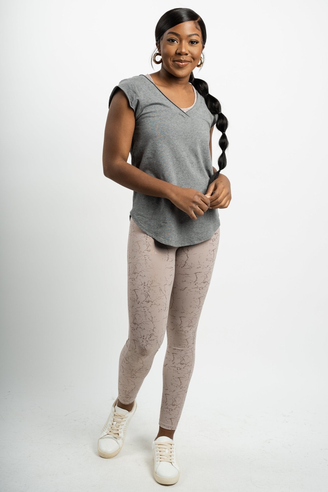 V tee with curved hem heather grey - Trendy Sports tops - Fashion Activewear at Lush Fashion Lounge Boutique in Oklahoma City
