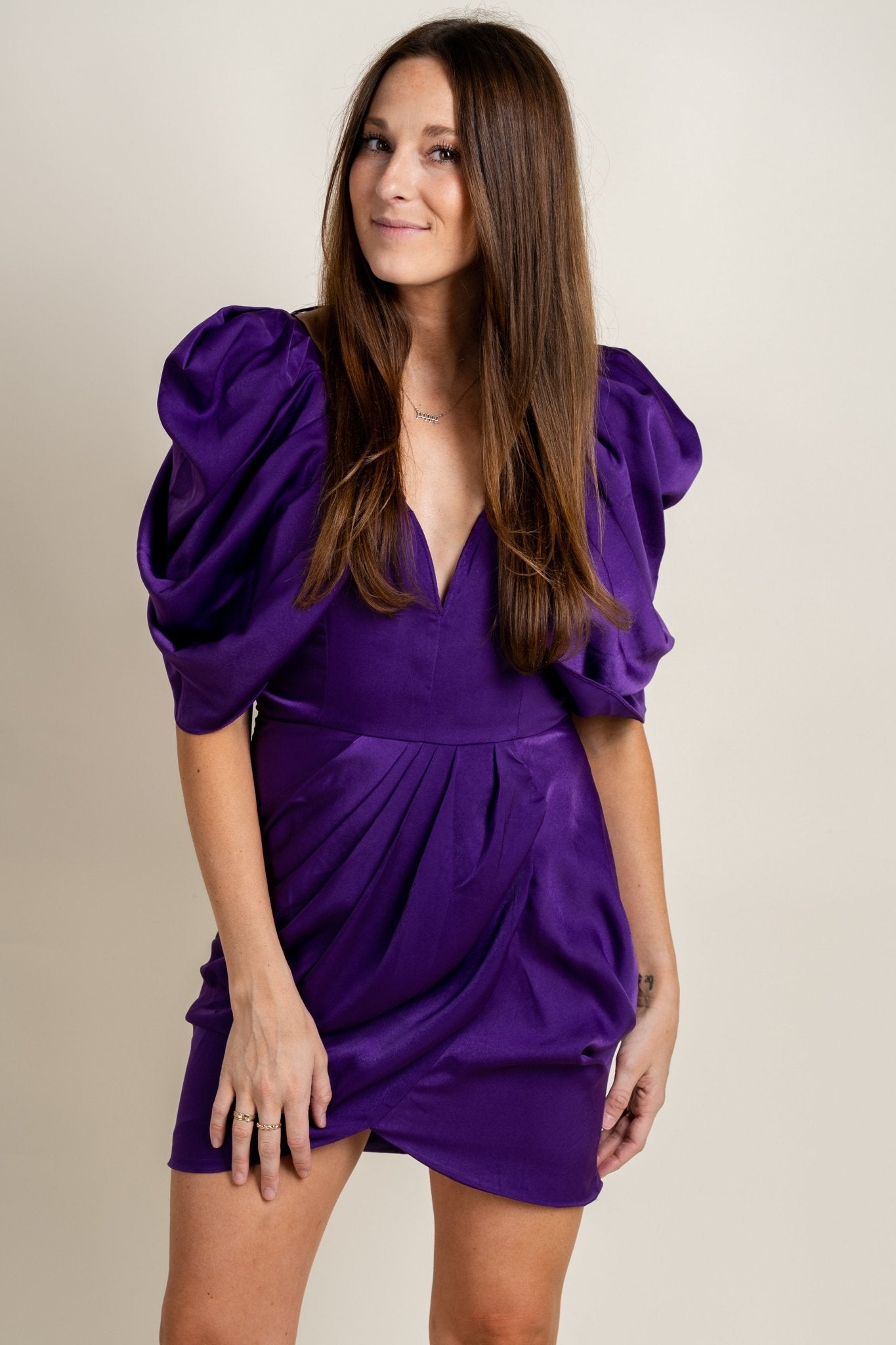 Draped sleeve satin dress purple - Affordable New Year's Eve Party Outfits at Lush Fashion Lounge Boutique in Oklahoma City