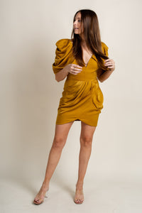 Draped sleeve satin dress olive oil - Affordable New Year's Eve Party Outfits at Lush Fashion Lounge Boutique in Oklahoma City