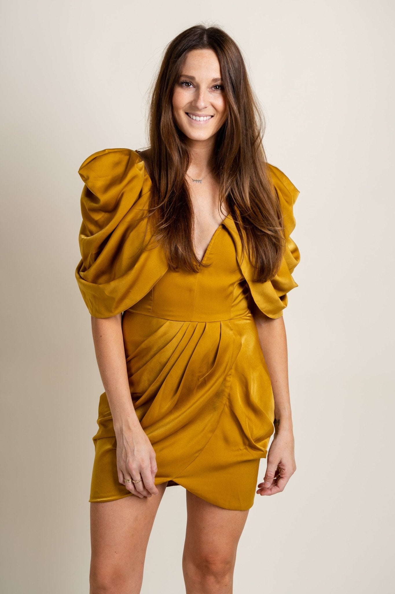 Draped sleeve satin dress olive oil - Affordable Dress - Boutique Dresses at Lush Fashion Lounge Boutique in Oklahoma City