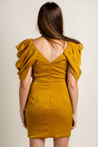 Draped sleeve satin dress olive oil Stylish Dress - Womens Fashion Dresses at Lush Fashion Lounge Boutique in Oklahoma City