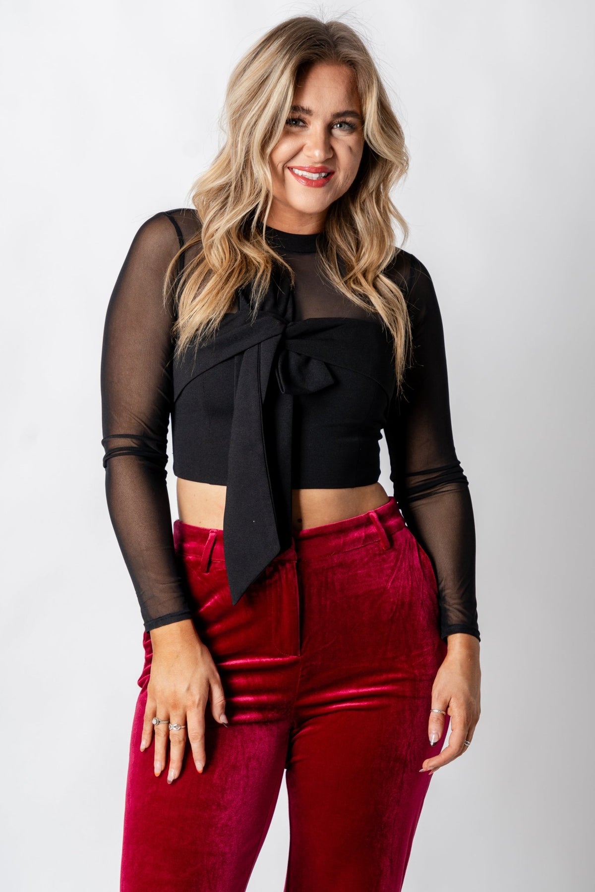 Bow detail mesh crop top black - Trendy New Year's Eve Outfits at Lush Fashion Lounge Boutique in Oklahoma City