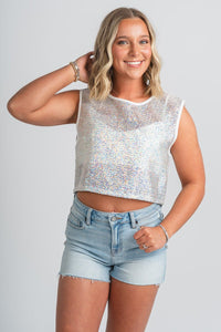 Sequin tank top cream - Affordable tops - Boutique Tank Tops at Lush Fashion Lounge Boutique in Oklahoma City