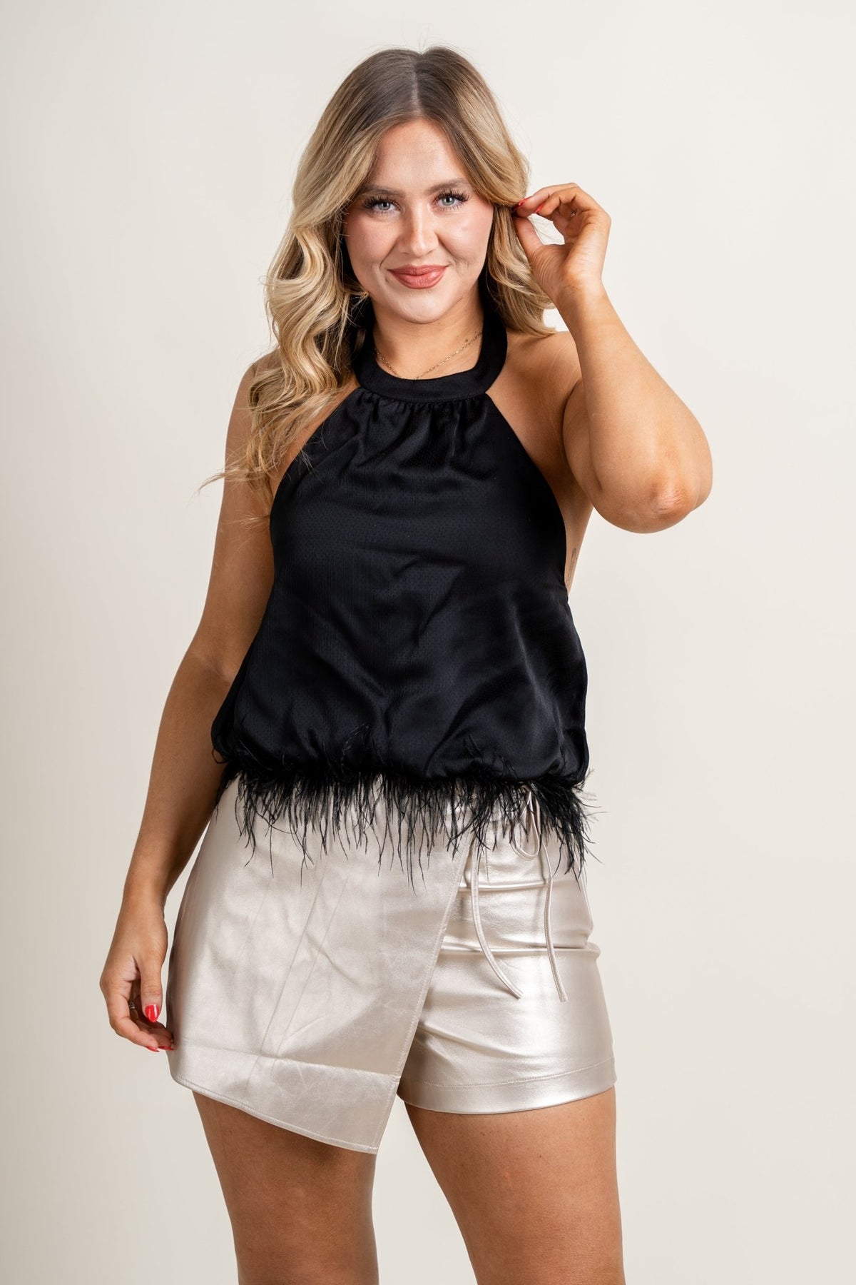 Feather trim halter top black - Trendy New Year's Eve Outfits at Lush Fashion Lounge Boutique in Oklahoma City