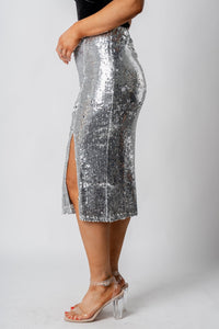 Sequin side slit midi skirt silver - Trendy New Year's Eve Dresses, Skirts, Kimonos and Sequins at Lush Fashion Lounge Boutique in Oklahoma City