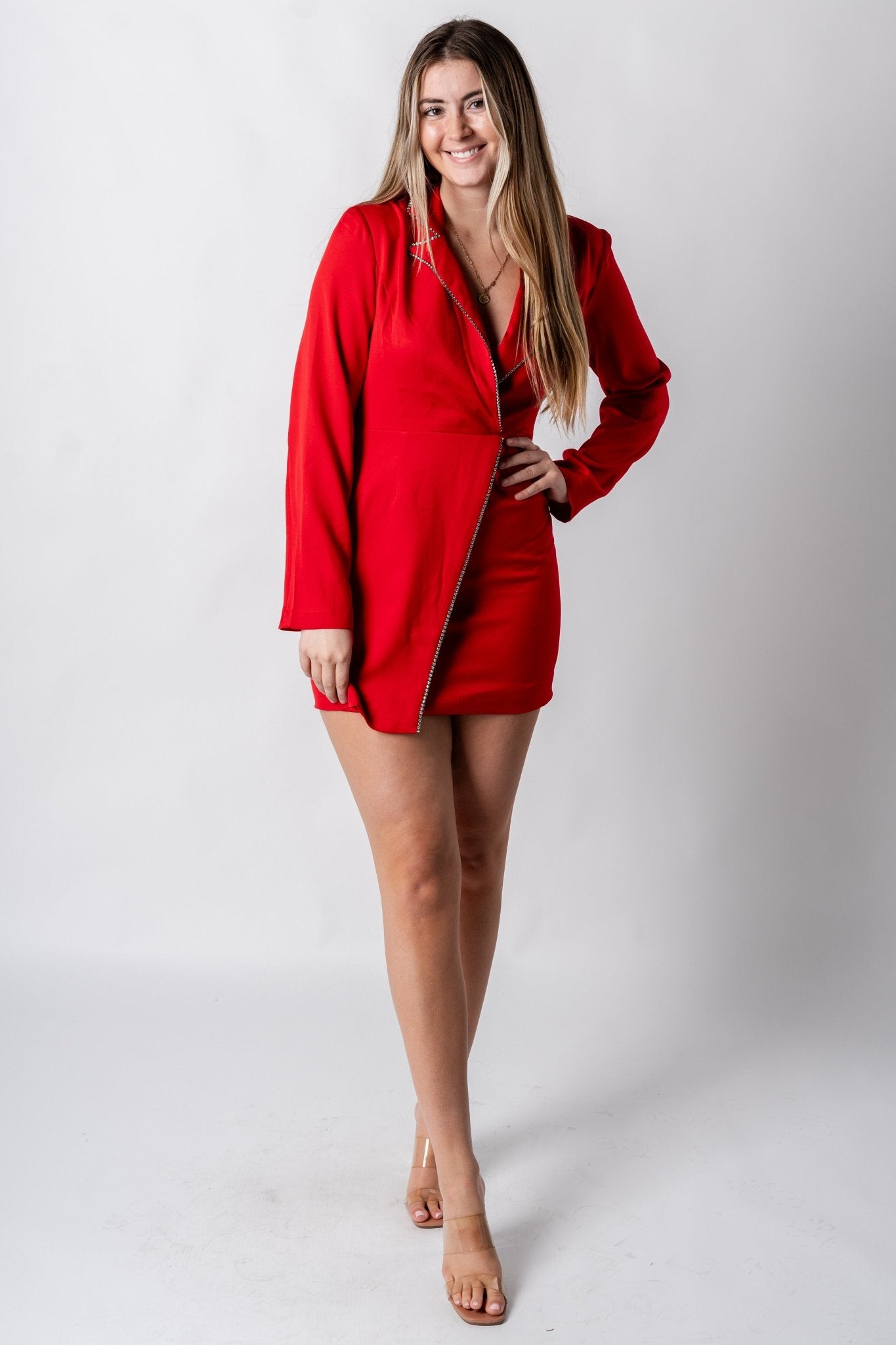 Rhinestone detail blazer dress flame red - Exclusive Collection of Holiday Inspired T-Shirts and Hoodies at Lush Fashion Lounge Boutique in Oklahoma City