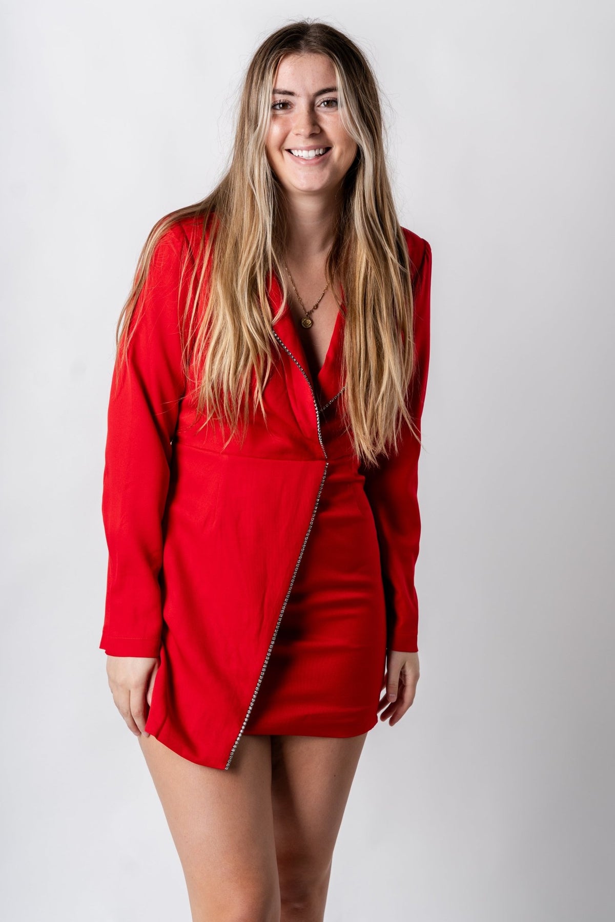 Rhinestone detail blazer dress flame red - Trendy Holiday Apparel at Lush Fashion Lounge Boutique in Oklahoma City