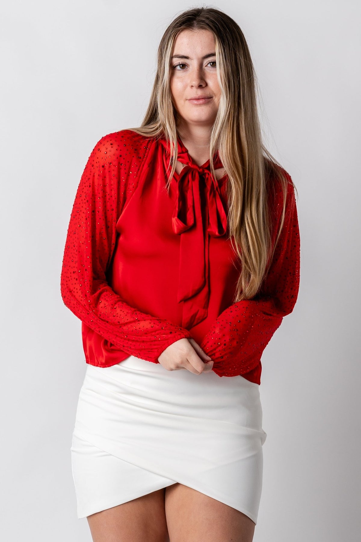 Rhinestone satin blouse crimson - Trendy Holiday Apparel at Lush Fashion Lounge Boutique in Oklahoma City