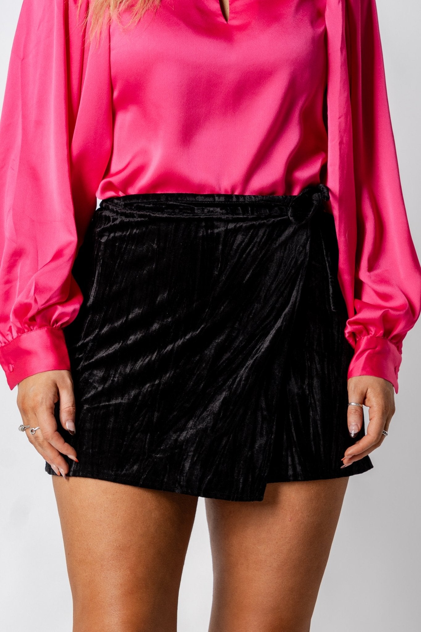Velvet wrap mini skirt black | Lush Fashion Lounge: boutique fashion skirts, affordable boutique skirts, cute affordable skirts