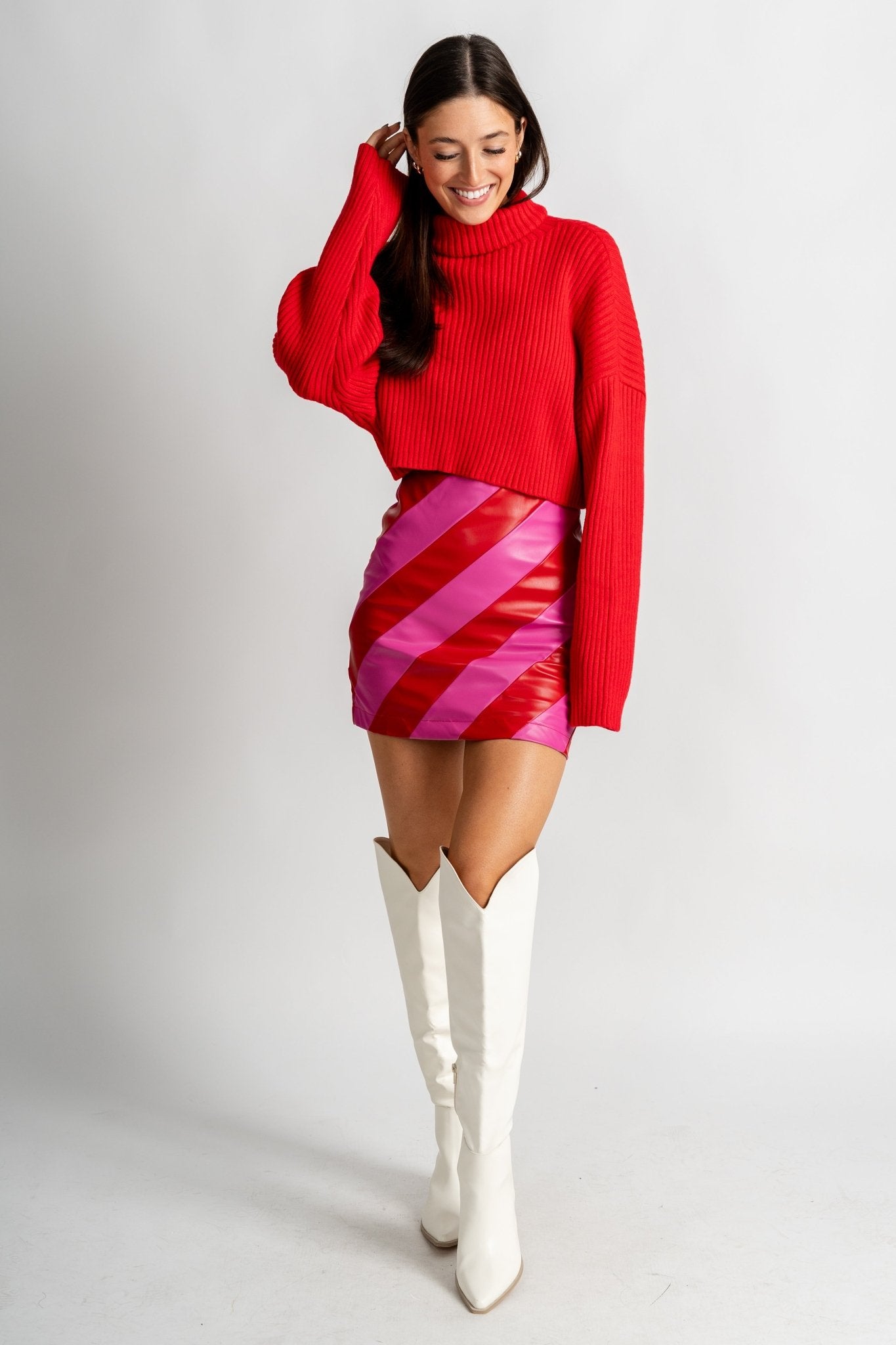 Faux leather stripe mini skirt pink/red - Trendy Valentine's T-Shirts at Lush Fashion Lounge Boutique in Oklahoma City