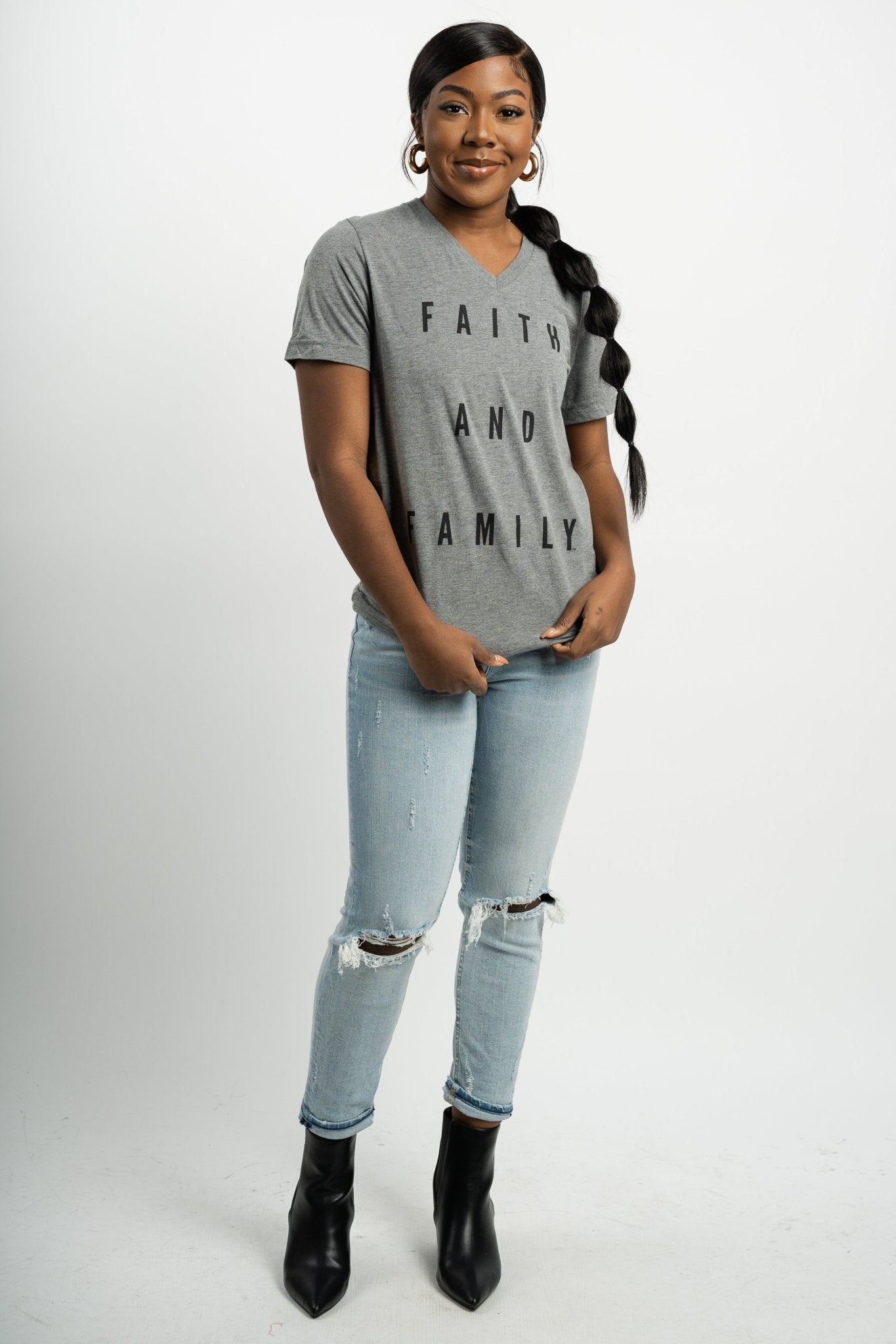 Faith and Family unisex short sleeve v-neck t-shirt grey - Trendy T-shirts - Cute Graphic Tee Fashion at Lush Fashion Lounge Boutique in Oklahoma