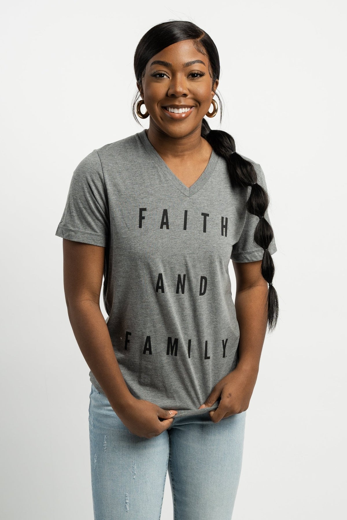 Faith and Family unisex short sleeve v-neck t-shirt grey - Stylish T-shirts - Trendy Graphic T-Shirts and Tank Tops at Lush Fashion Lounge Boutique in Oklahoma City