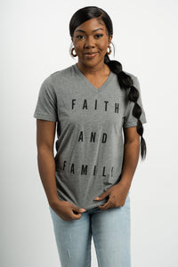 Faith and Family unisex short sleeve v-neck t-shirt grey - Cute T-shirts - Funny T-Shirts at Lush Fashion Lounge Boutique in Oklahoma City