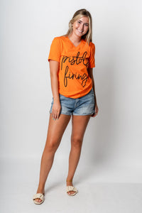 OSU OSU Pistols Firing Barcelony v-neck t-shirt orange T-shirts | Lush Fashion Lounge Trendy Oklahoma State Cowboys Apparel & Cute Gameday T-Shirts