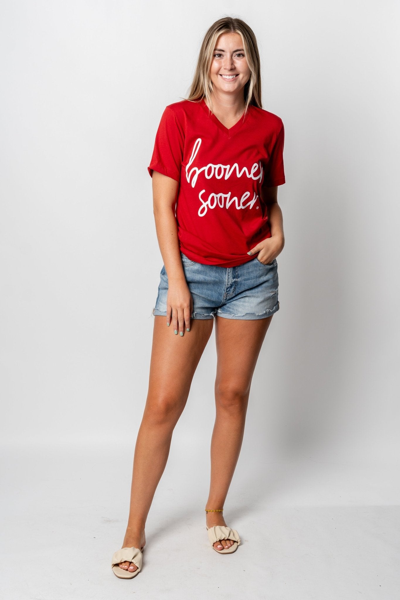 OU OU Boomer Sooner Barcelony v-neck t-shirt cardinal t-shirt | Lush Fashion Lounge Trendy Oklahoma University Sooners Apparel & Cute Gameday T-Shirts