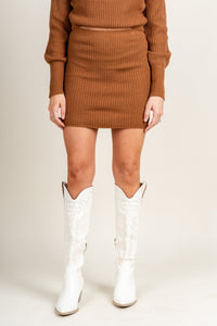 Knit sweater skirt cognac | Lush Fashion Lounge: boutique fashion skirts, affordable boutique skirts, cute affordable skirts