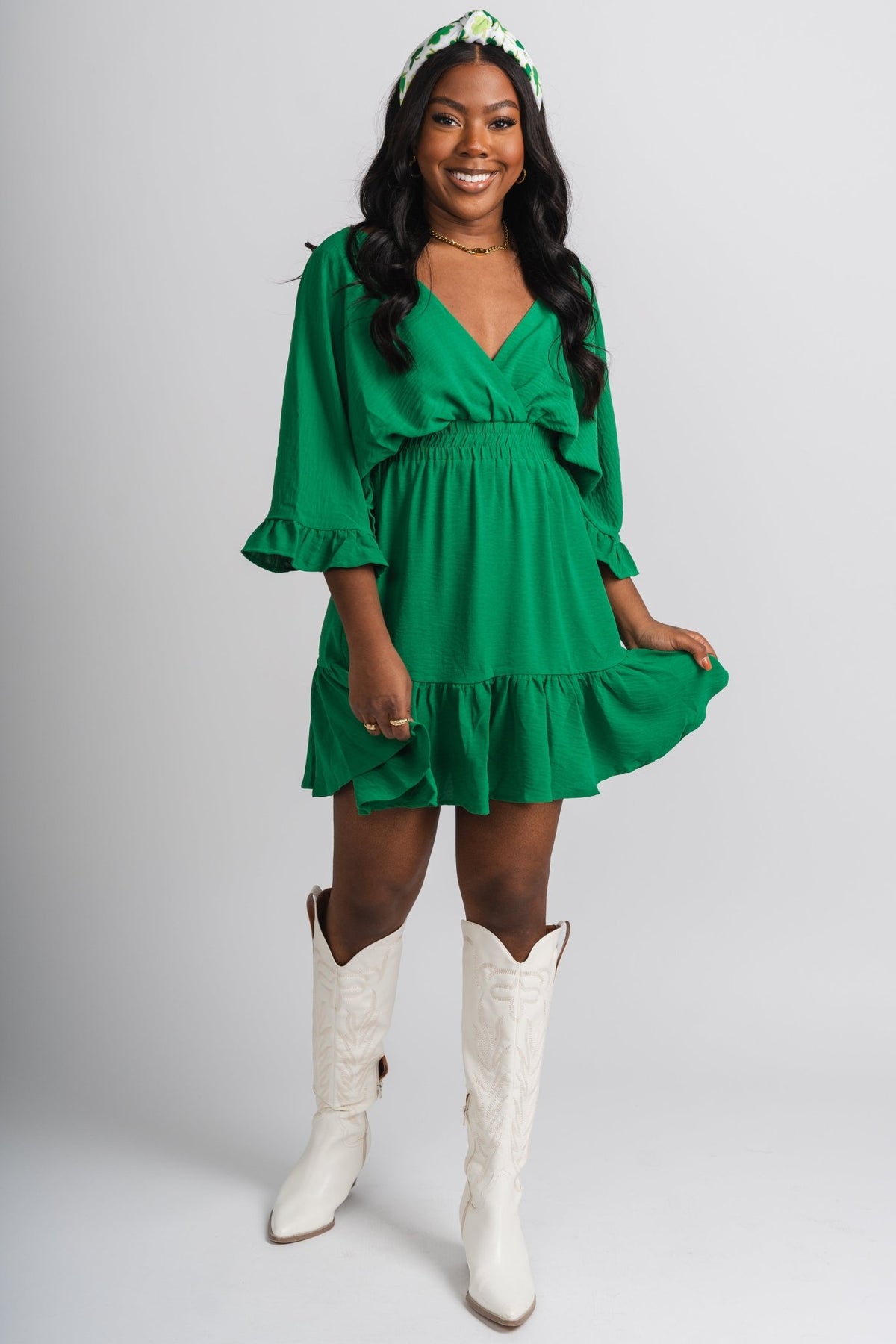 Ruffle sleeve dress green - Cute dress - Trendy Dresses at Lush Fashion Lounge Boutique in Oklahoma City