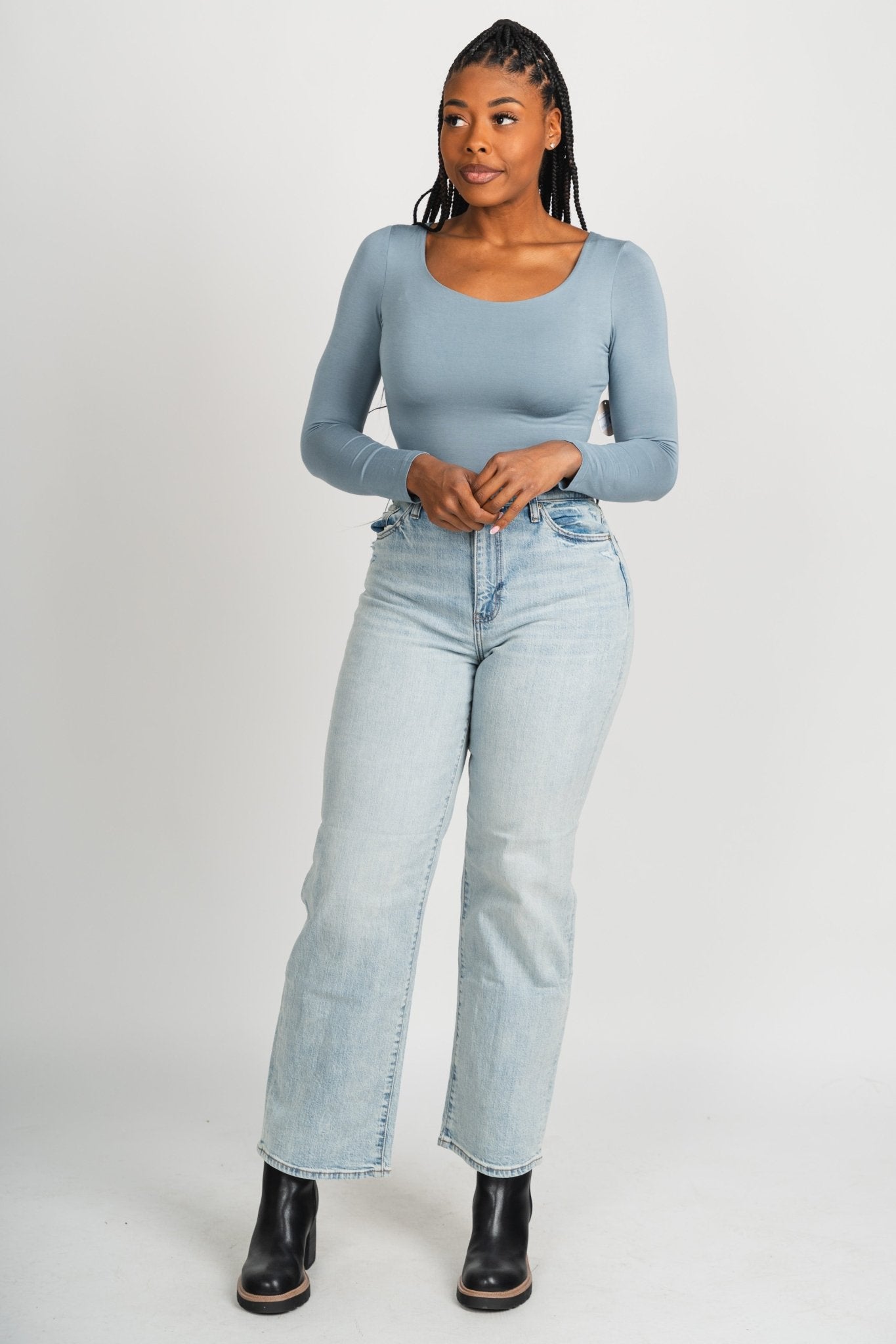 Long sleeve round neck bodysuit ash blue - Trendy bodysuit - Fashion Bodysuits at Lush Fashion Lounge Boutique in Oklahoma City