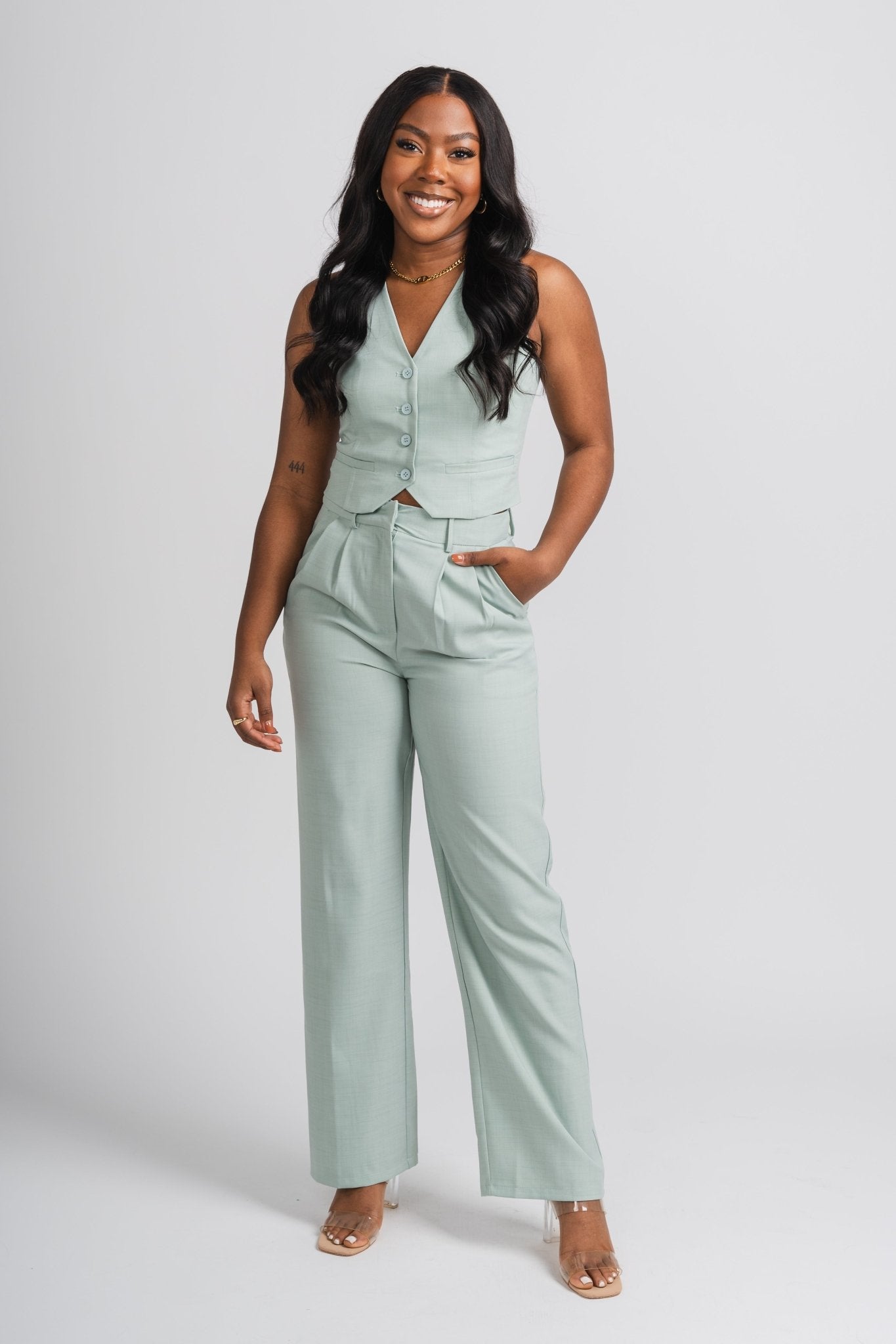 Wide leg pants sage - Cute Pants - Trendy Easter Clothing Line at Lush Fashion Lounge Boutique in Oklahoma