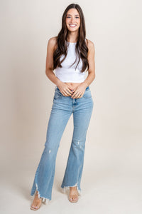 Hidden distressed flare jeans light blue | Lush Fashion Lounge: boutique women's jeans, fashion jeans for women, affordable fashion jeans, cute boutique jeans