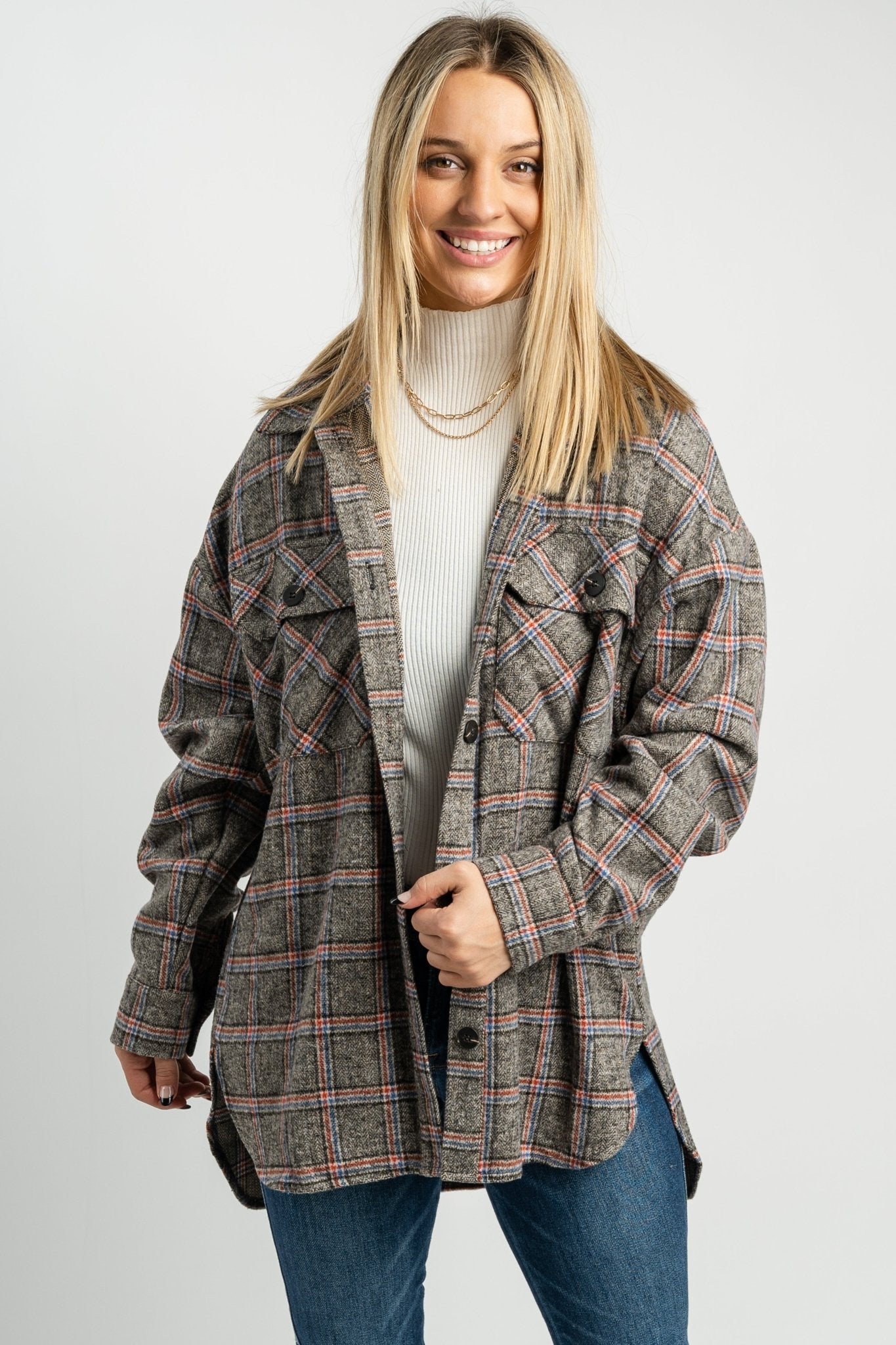 Oversized plaid shacket charcoal - Affordable Shirts & Tops - Boutique Jackets & Blazers at Lush Fashion Lounge Boutique in Oklahoma City