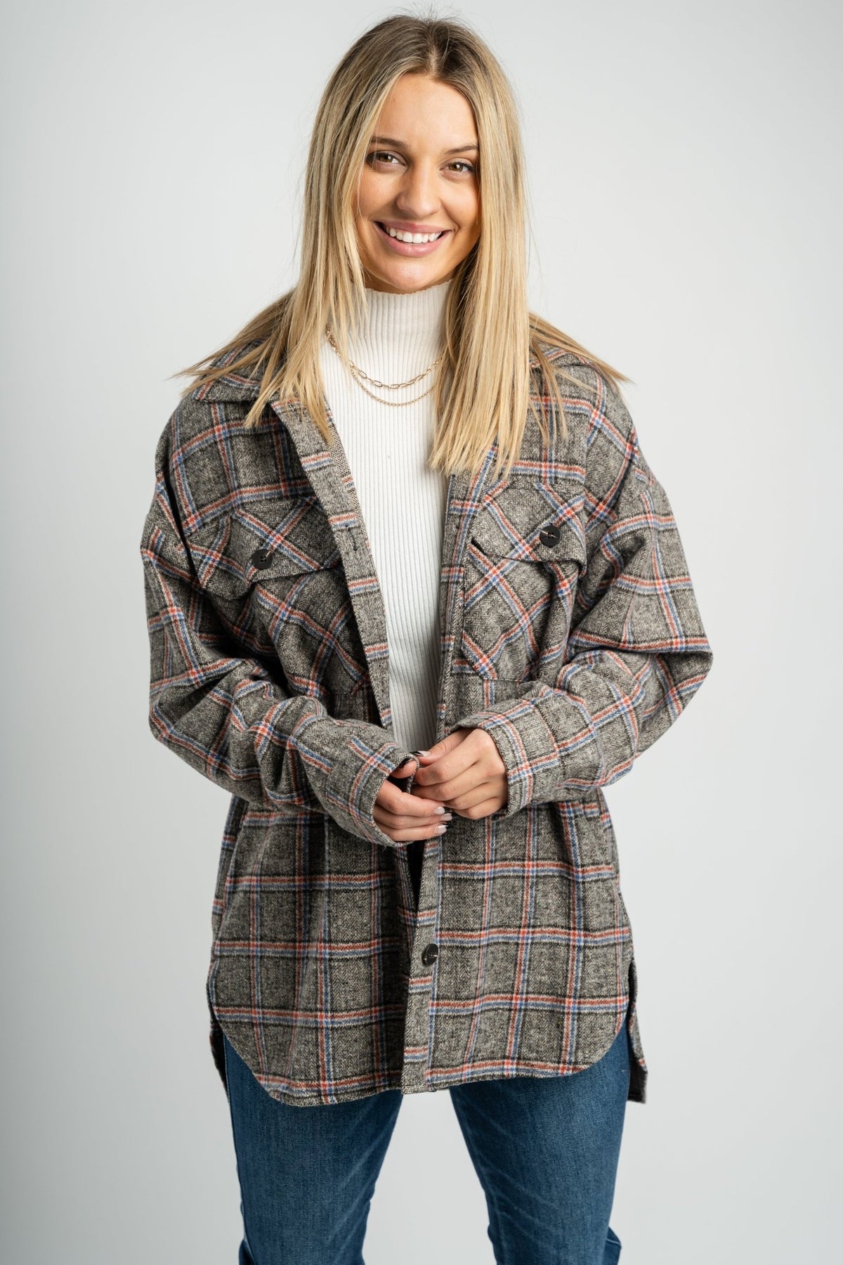 Oversized plaid shacket charcoal - Cute Shirts & Tops - Trendy Jackets and Blazers at Lush Fashion Lounge Boutique in Oklahoma City