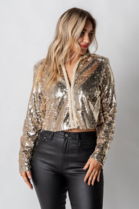 Sequin jacket w/ shoulder pads champagne - Trendy New Year's Eve Dresses, Skirts, Kimonos and Sequins at Lush Fashion Lounge Boutique in Oklahoma City