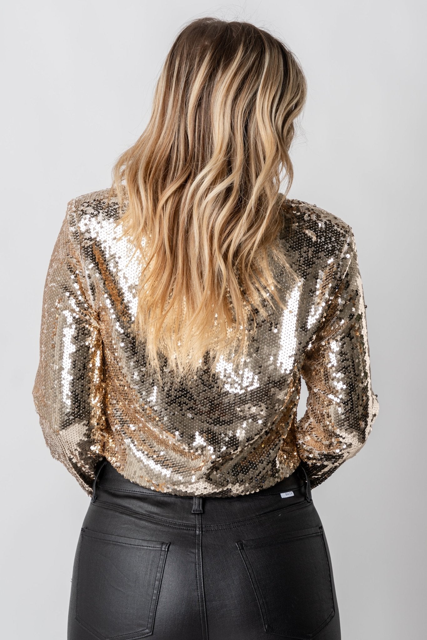 Sequin jacket w/ shoulder pads champagne – Unique Blazers | Cute Blazers For Women at Lush Fashion Lounge Boutique in Oklahoma City