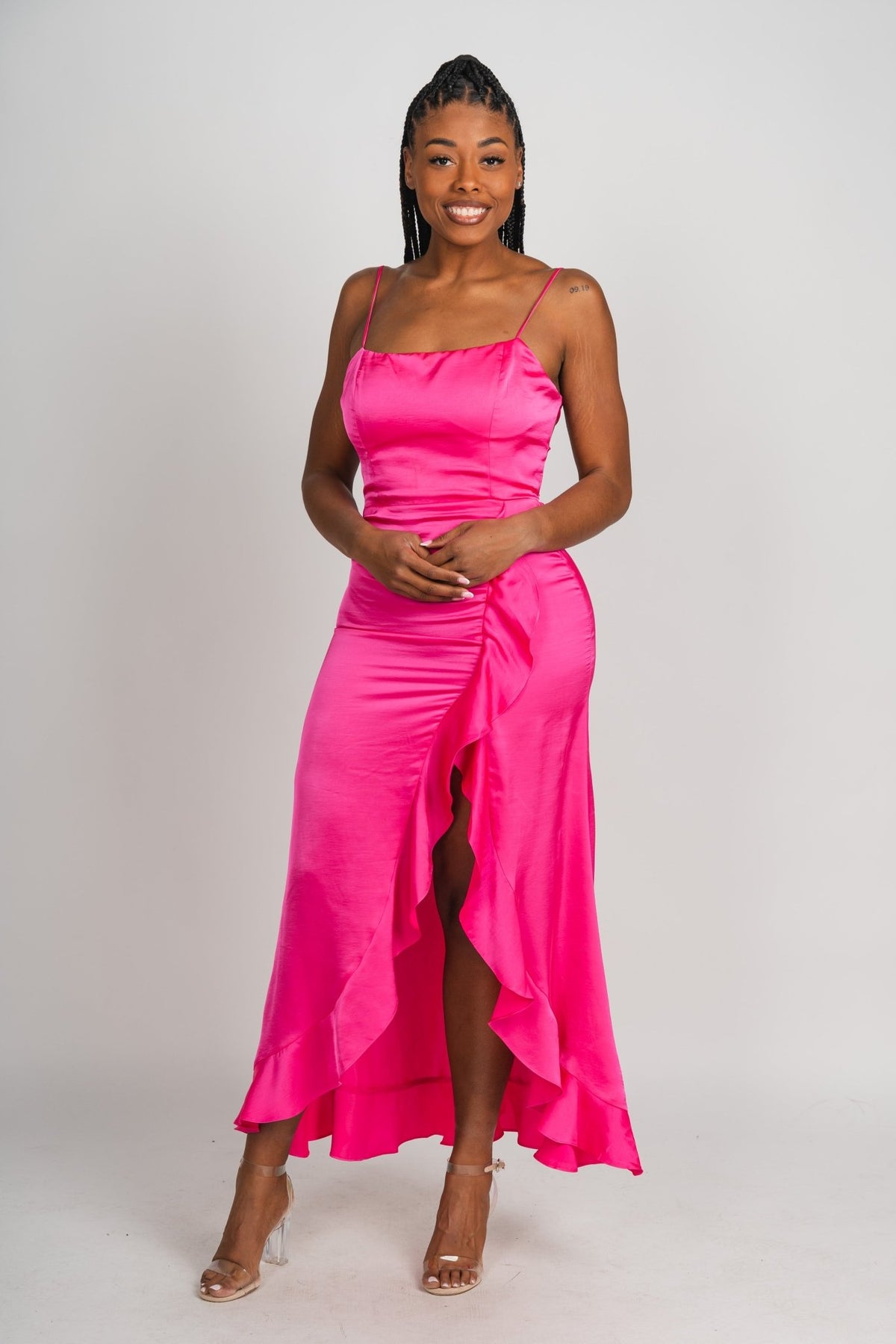Satin ruffle wrap maxi dress pink - Trendy dress - Cute Vacation Collection at Lush Fashion Lounge Boutique in Oklahoma City