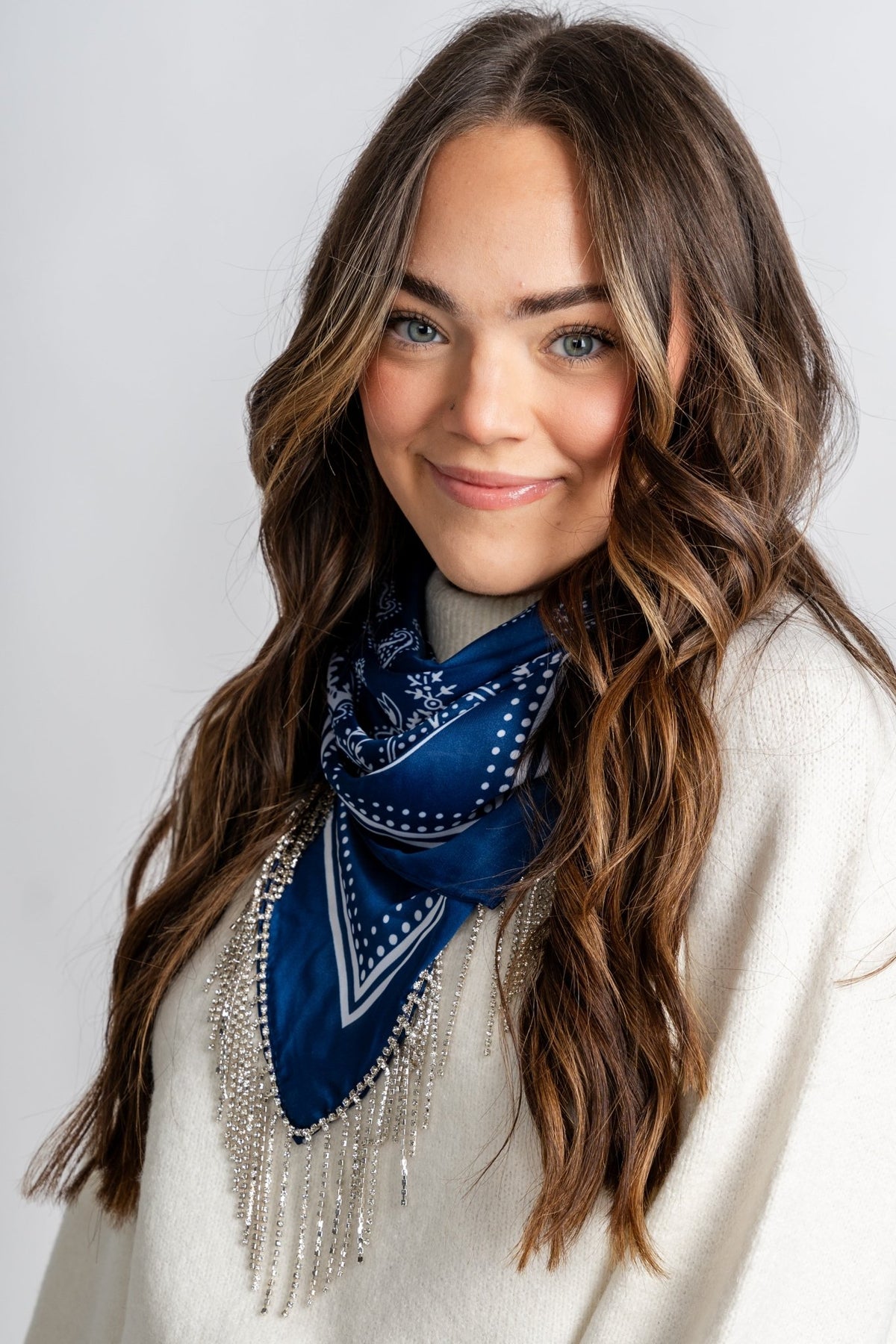 Paisley rhinestone bandana scarf navy - Trendy Scarves at Lush Fashion Lounge Boutique in Oklahoma City