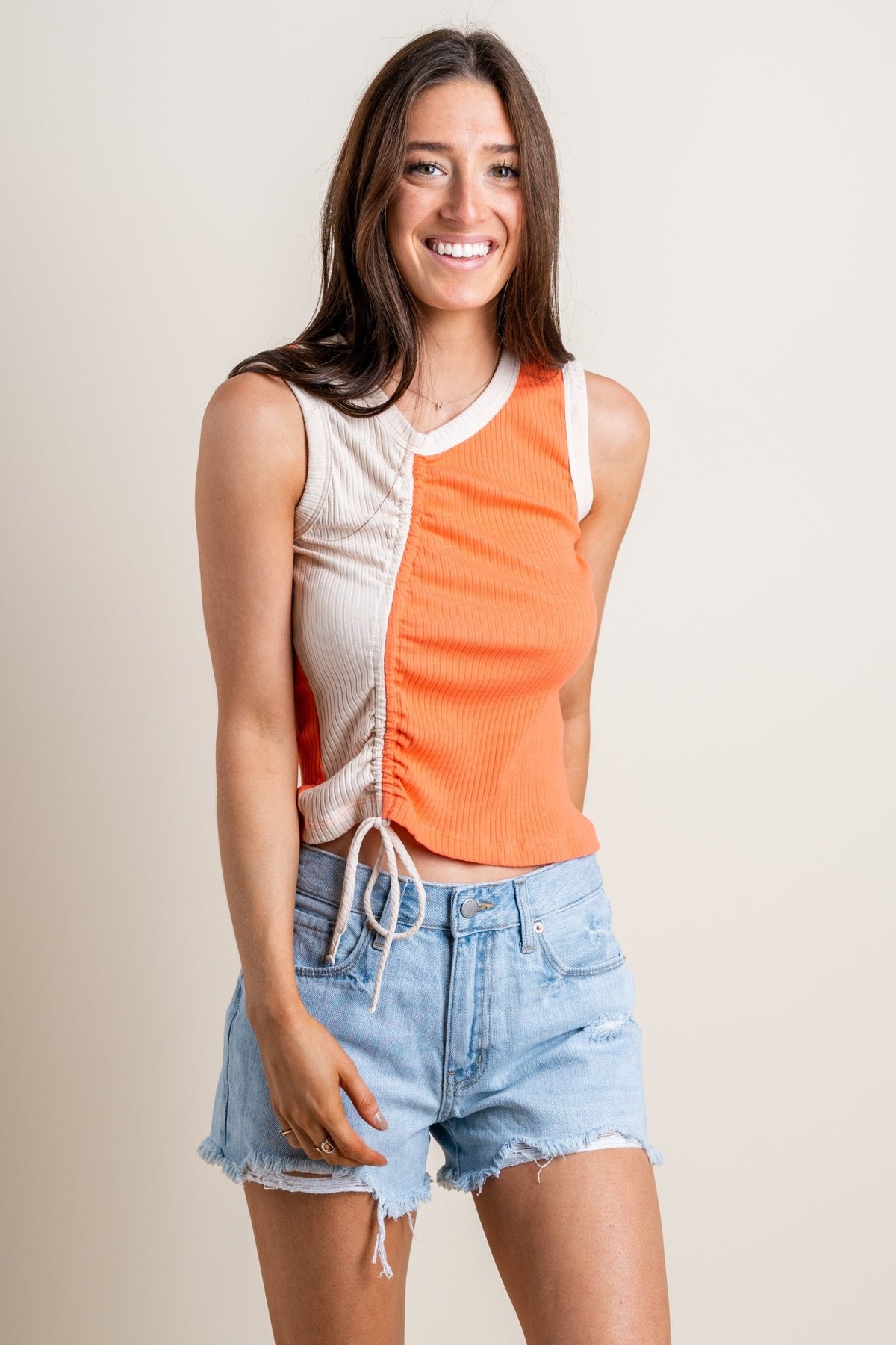 DayDreamer ruched colorblock tank top peach echo - Trendy Band T-Shirts and Sweatshirts at Lush Fashion Lounge Boutique in Oklahoma City