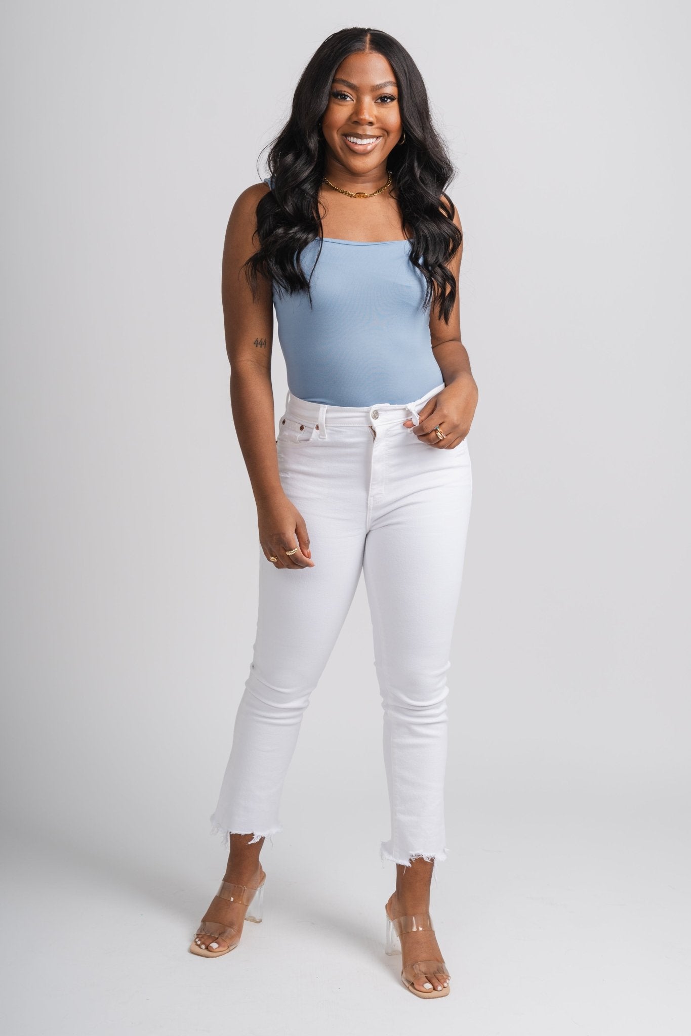 Square neck bodysuit dusty blue - Cute bodysuit - Trendy Easter Clothing Line at Lush Fashion Lounge Boutique in Oklahoma