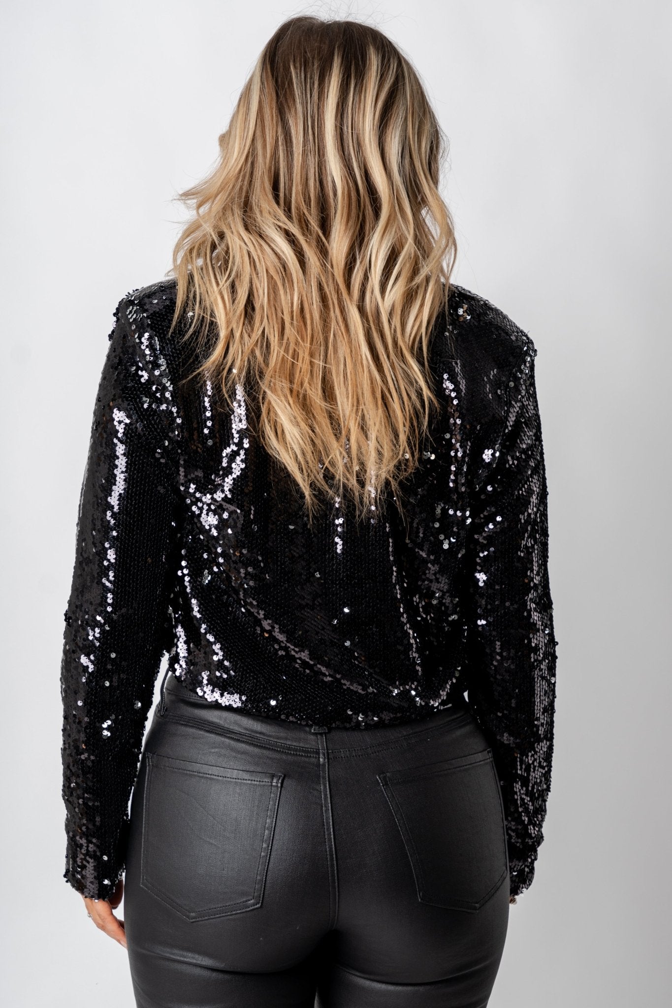Sequin jacket w/ shoulder pads black - Trendy New Year's Eve Dresses, Skirts, Kimonos and Sequins at Lush Fashion Lounge Boutique in Oklahoma City