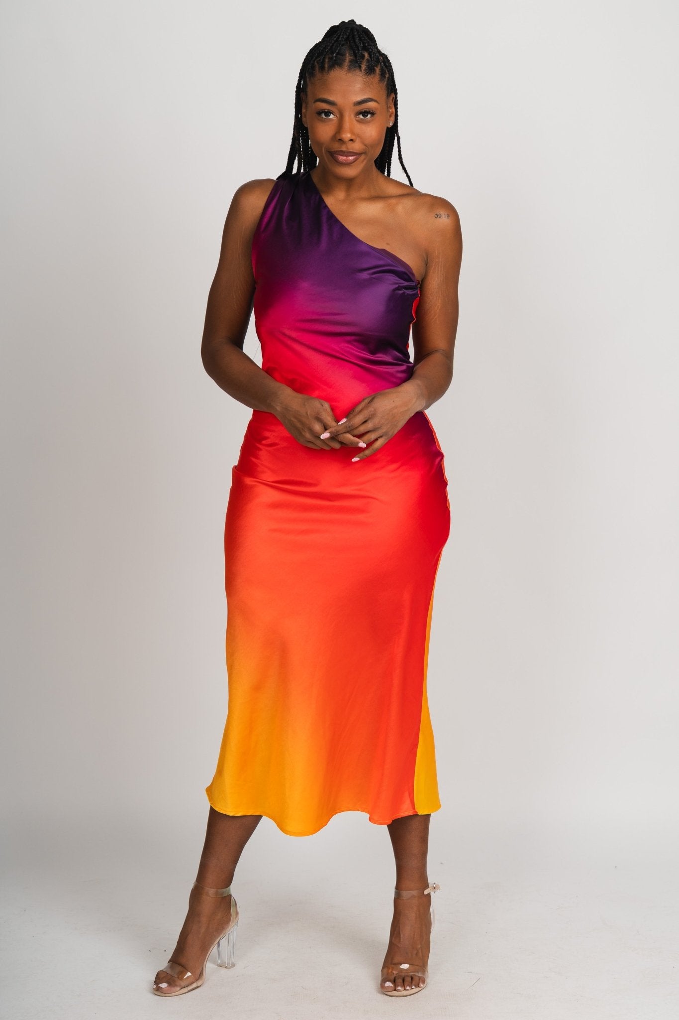 One shoulder maxi dress sunset cosmo - Affordable dress - Boutique Dresses at Lush Fashion Lounge Boutique in Oklahoma City
