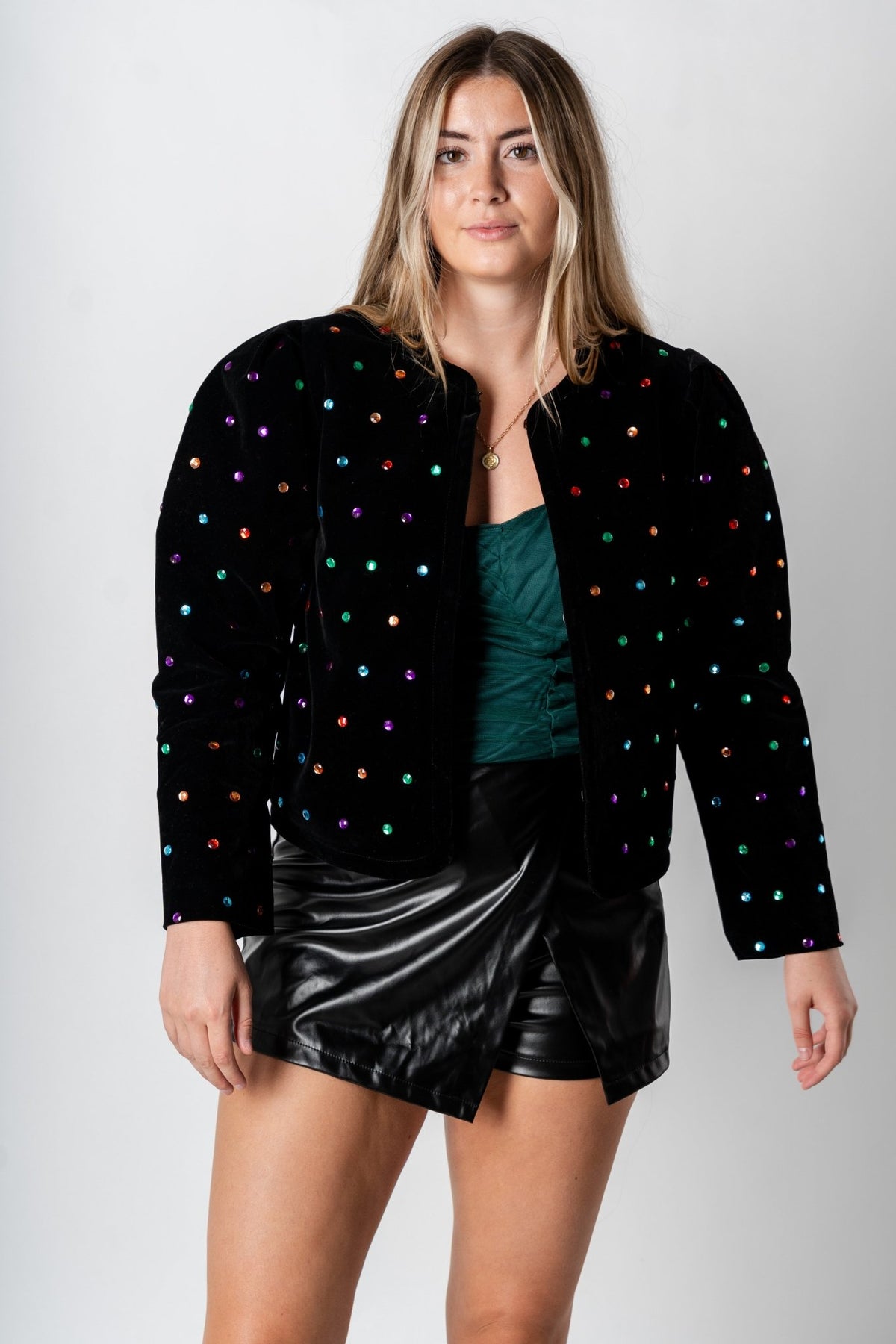 Velvet bejeweled crop jacket black – Trendy Jackets | Cute Fashion Blazers at Lush Fashion Lounge Boutique in Oklahoma City