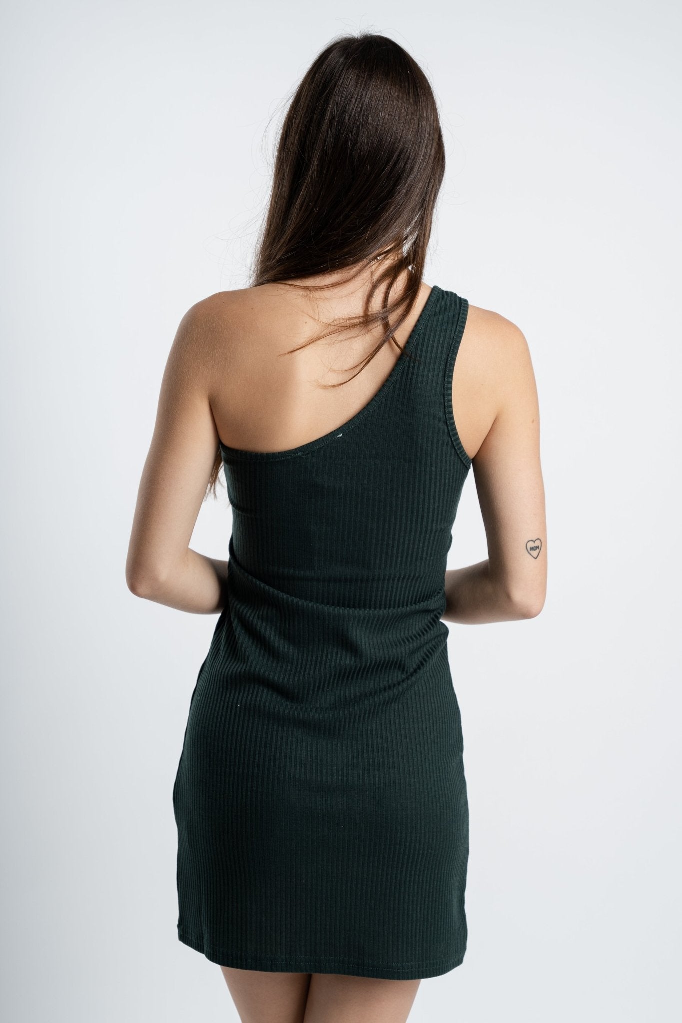 One shoulder ribbed mini dress dark green