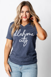Oklahoma City script v-neck t-shirt navy - Trendy Oklahoma City Basketball T-Shirts Lush Fashion Lounge Boutique in Oklahoma City