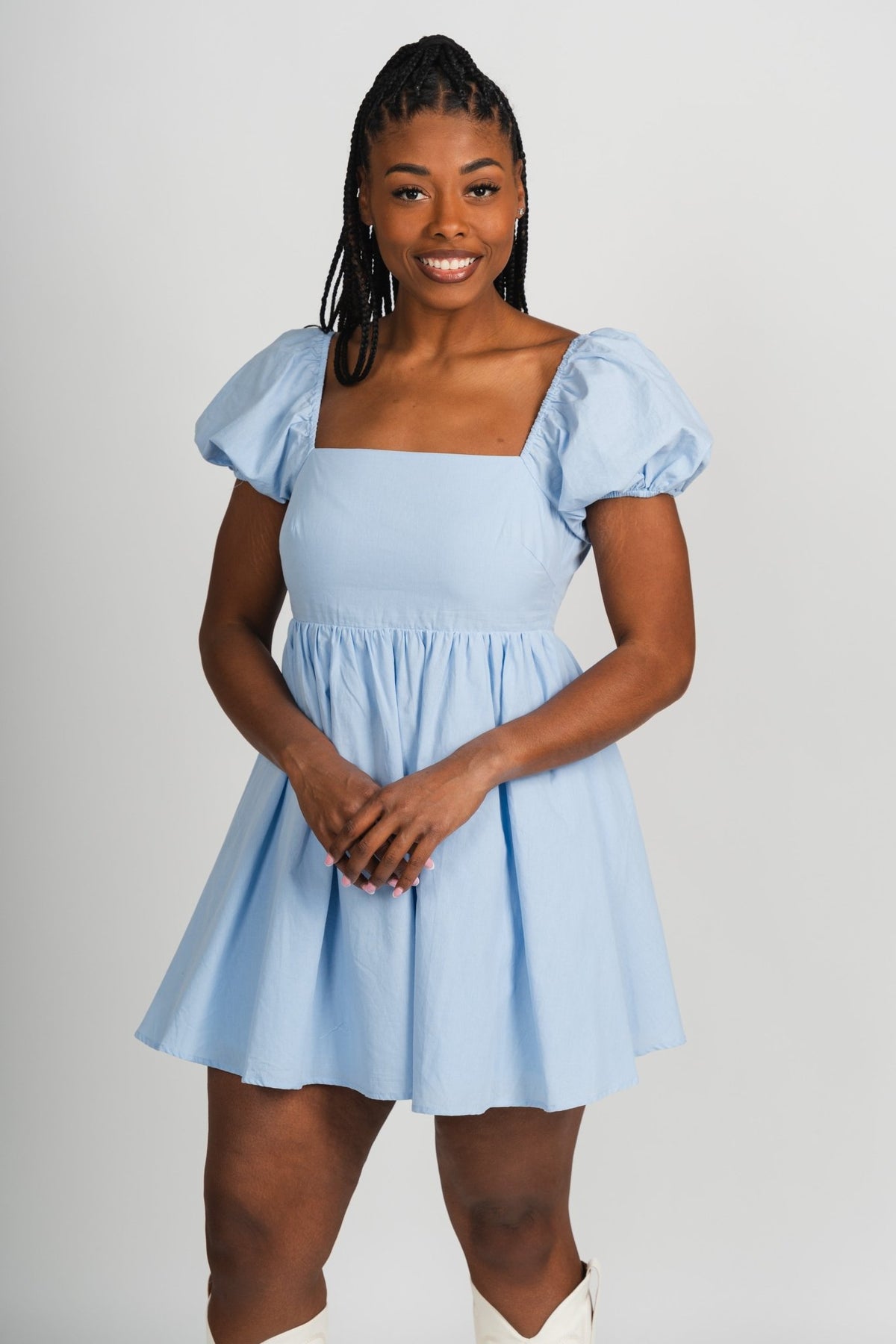 Puff sleeve babydoll dress light blue - Cute dress - Trendy Dresses at Lush Fashion Lounge Boutique in Oklahoma City